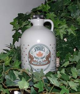 Half-gallon of pure maple syrup in plastic decanter